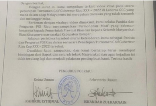 Penyanyi di Atas Meja Joget di Turnamen Golf, Ketum PGI Riau Minta Maaf dan Surati Gubri