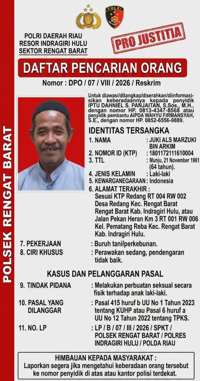 Pria 64 Tahun Diburu Polisi, Masuk DPO Kasus Dugaan Kekerasan Seksual Anak di Inhu