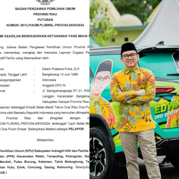Permohonan Caleg DPD RI Edwin Pratama Putra Ditolak Bawaslu Riau
