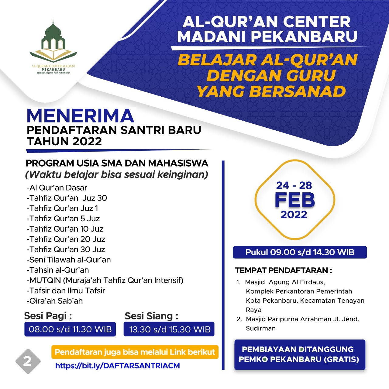 Al-Qur'an Center Madani Pekanbaru Terima Pendaftaran Santri Baru
