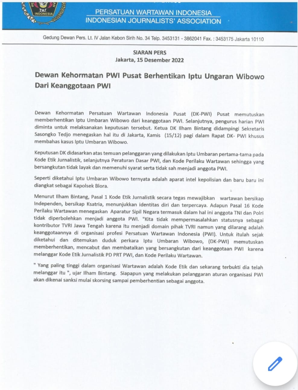 Dewan Kehormatan PWI Pusat Berhentikan Iptu Ungaran Wibowo Dari Keanggotaan PWI